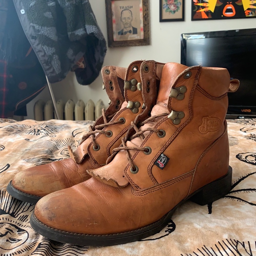 VTG Brown Leather Justin Boots Size 9.5